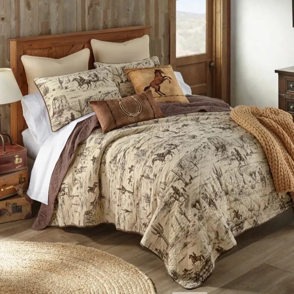 Horse Western Cowboy Cotton Twin Quilt Set Ranch Theme Bedding Equestrian Pony